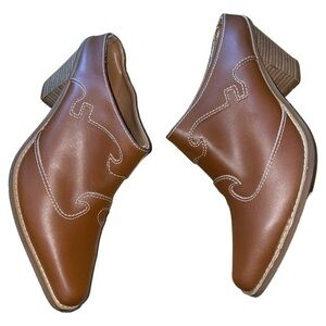 Western Y2K Leather Shooties Mules Stacked Heel Shoes Brown Contrast Stitch Sz 9